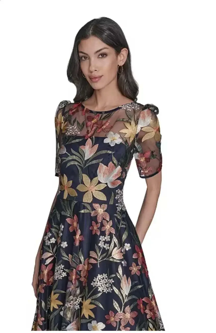 Eliza J Floral Embroidered Mesh Short Sleeve Dress size 4 boat neck flowers